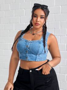SHEIN EZwear 大碼前紐扣短款牛仔上衣 - 淺色水洗藍 - 查看 4