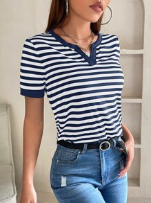 SHEIN PETITE Camiseta con estampado de rayas de cuello de muesca