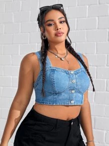 SHEIN EZwear 大碼前紐扣短款牛仔上衣 - 淺色水洗藍 - 查看 5