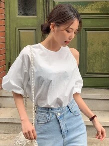 DAZY Chất rắn Cổ không đối xứng Cắt bỏ vai Áo sơ mi - trắng - Xem 3
