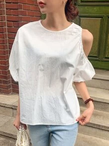 DAZY Chất rắn Cổ không đối xứng Cắt bỏ vai Áo sơ mi - trắng - Xem 7