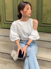 DAZY Chất rắn Cổ không đối xứng Cắt bỏ vai Áo sơ mi - trắng - Xem 6