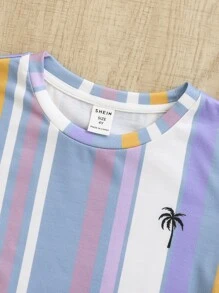 SHEIN Young Boy Striped & Palm Tree Print Tee - Multicolor - View 3