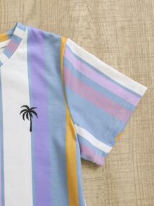 SHEIN Young Boy Striped & Palm Tree Print Tee - Multicolor - View 4