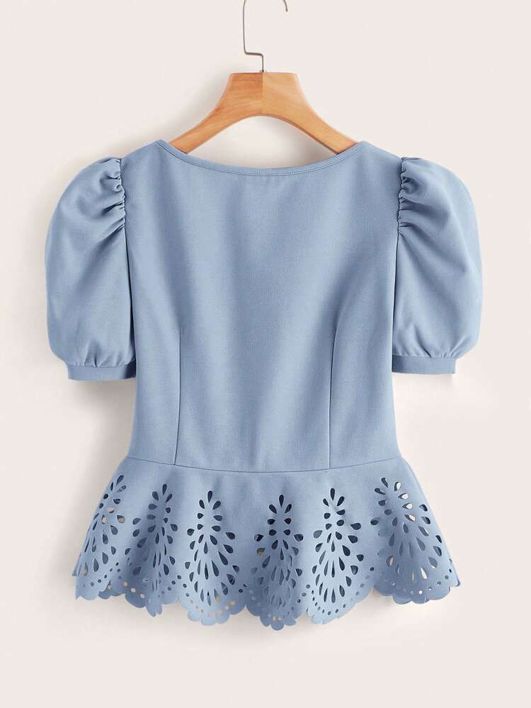 Button Front Laser Cut Out Peplum Blouse