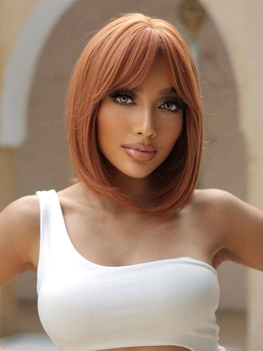 Short Straight Orange Bob Wig With Bangs Synthetic Heat Resistant Wigs