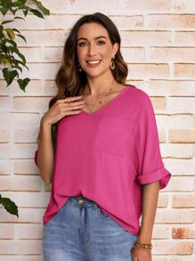 SHEIN LUNE Áo sơ mi nữ Túi màu trơn Giải trí - Màu Hồng Tươi - Xem 3