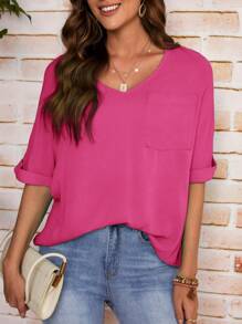 SHEIN LUNE Áo sơ mi nữ Túi màu trơn Giải trí - Màu Hồng Tươi - Xem 4