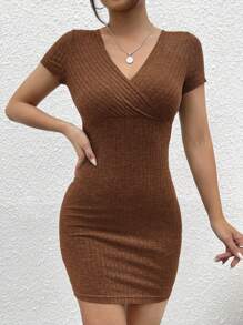 SHEIN PETITE Solid Surplice Neck Bodycon Dress