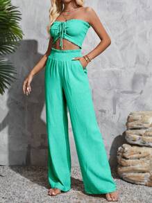 SHEIN Tall con cordón delantero Top bandeau & Pantalones de pierna ancha - Azul menta - Ver 4