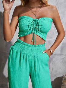 SHEIN Tall con cordón delantero Top bandeau & Pantalones de pierna ancha - Azul menta - Ver 5