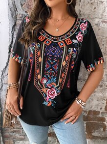 Camiseta estampada con flores de talla grande para mujeres - Negro - Ver 1