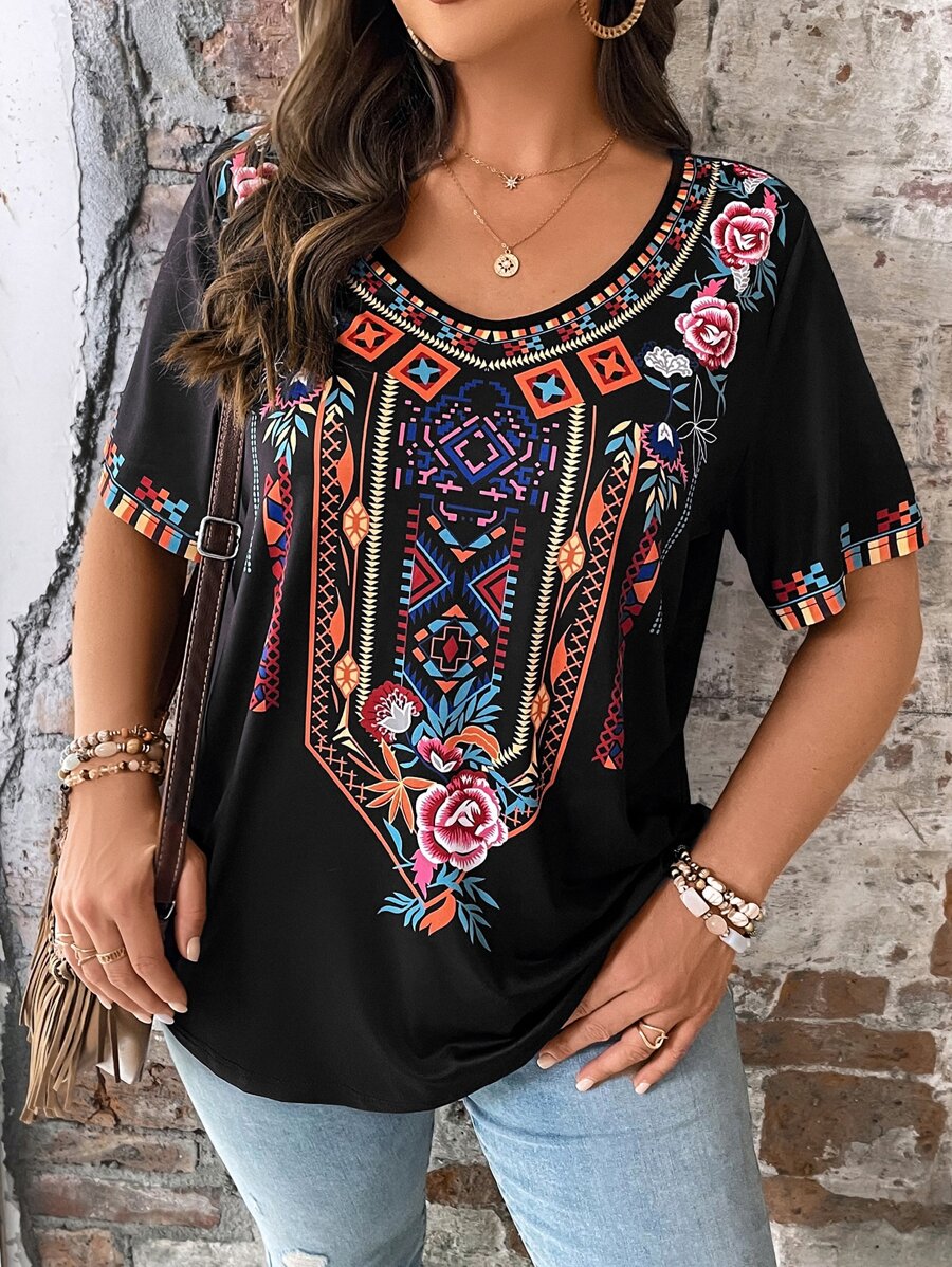 Camiseta estampada con flores de talla grande para mujeres - Negro - Ver 1
