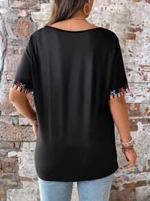 Camiseta estampada con flores de talla grande para mujeres - Negro - Ver 2