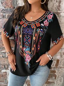 Camiseta estampada con flores de talla grande para mujeres - Negro - Ver 3