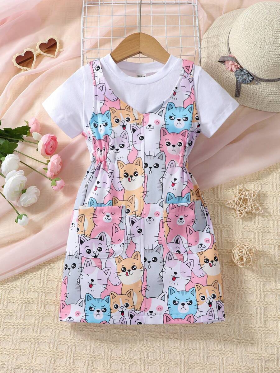 Toddler Girls Cartoon Graphic Pinafore Dress & Tee - Multicolor - View 1