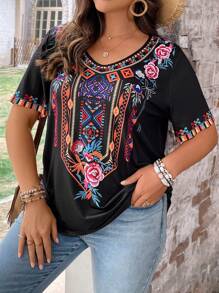 Camiseta estampada con flores de talla grande para mujeres - Negro - Ver 4