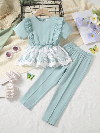 小女童荷葉邊蕾絲拼接花邊下擺上衣和褲子