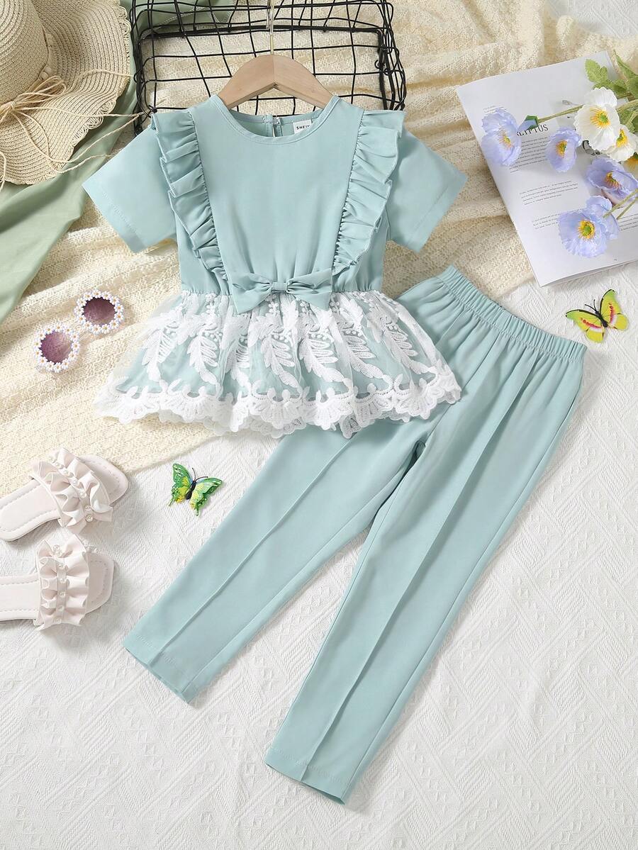 小女童荷葉邊蕾絲拼接花邊下擺上衣和褲子 - 薄荷綠 - 查看 1