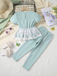 小女童荷葉邊蕾絲拼接花邊下擺上衣和褲子 - 薄荷綠 - 查看 2