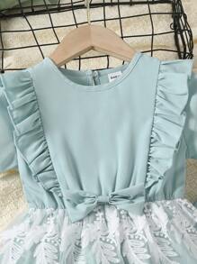 小女童荷葉邊蕾絲拼接花邊下擺上衣和褲子 - 薄荷綠 - 查看 4