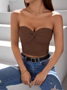 SHEIN PETITE 前扭結短款抹胸上衣 - 巧克力棕 - 查看 6
