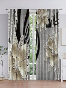 2pcs Flower Pattern Waterproof Curtain - Multicolor - View 1