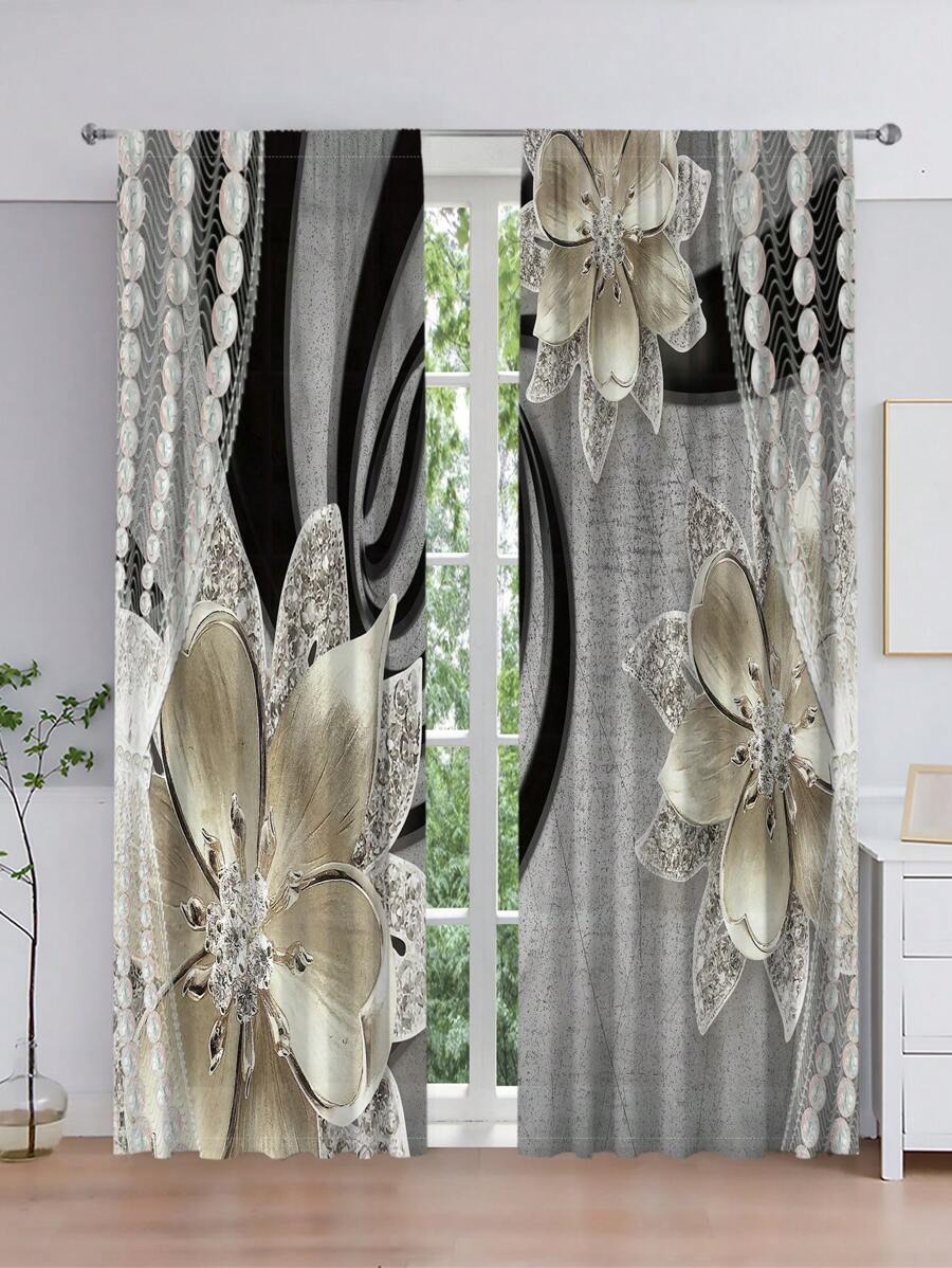 2pcs Flower Pattern Waterproof Curtain - Multicolor - View 1
