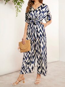 SHEIN Clasi Áo liền quần nữ Thắt lưng Túi In chữ V Tất cả trên in Thanh lịch - Xanh và trắng - Xem 1