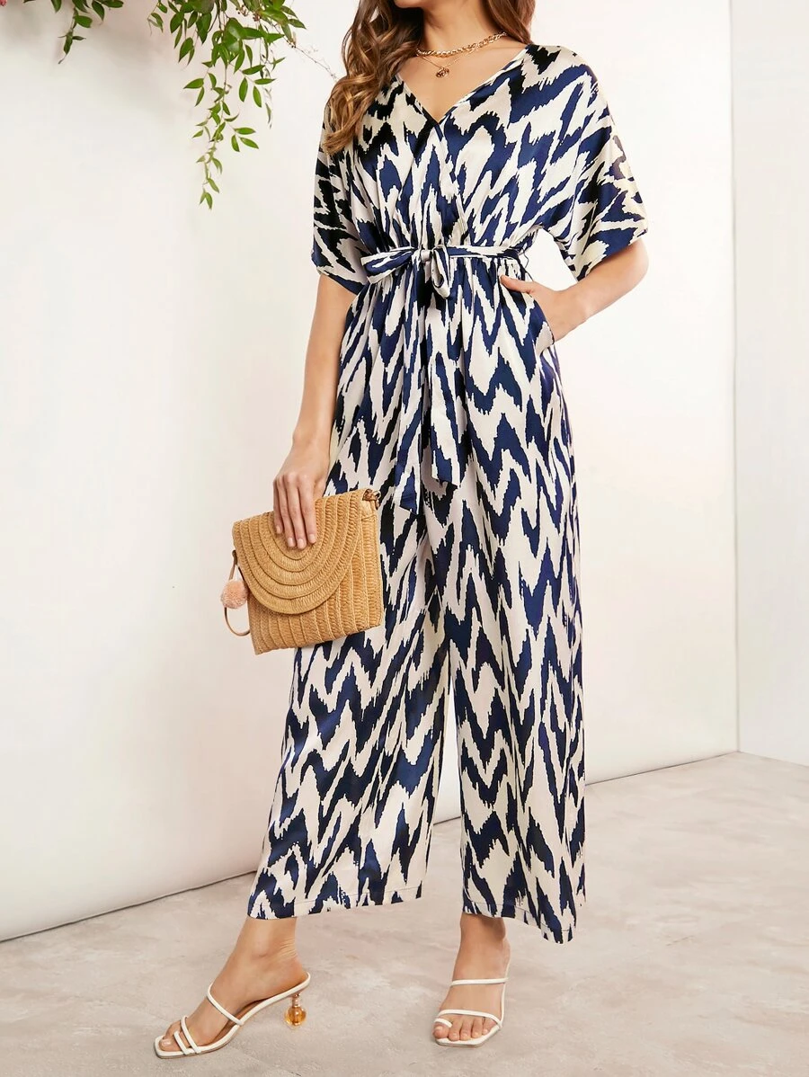 SHEIN Clasi Áo liền quần nữ Thắt lưng Túi In chữ V Tất cả trên in Thanh lịch - Xanh và trắng - Xem 1