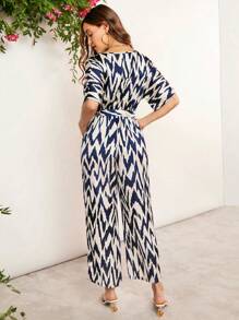 SHEIN Clasi Áo liền quần nữ Thắt lưng Túi In chữ V Tất cả trên in Thanh lịch - Xanh và trắng - Xem 2