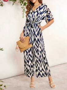 SHEIN Clasi Áo liền quần nữ Thắt lưng Túi In chữ V Tất cả trên in Thanh lịch - Xanh và trắng - Xem 3