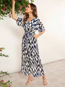 SHEIN Clasi Áo liền quần nữ Thắt lưng Túi In chữ V Tất cả trên in Thanh lịch - Xanh và trắng - Xem 5