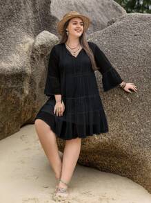 Rusttydustty 大碼可愛蕾絲拼接 荷葉邊純色連衣裙 - 黑色 - 查看 3