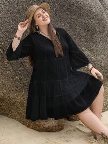 Rusttydustty 大碼可愛蕾絲拼接 荷葉邊純色連衣裙 - 黑色 - 查看 4