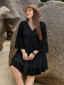 Rusttydustty 大碼可愛蕾絲拼接 荷葉邊純色連衣裙 - 黑色 - 查看 5