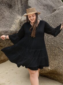 Rusttydustty 大碼可愛蕾絲拼接 荷葉邊純色連衣裙 - 黑色 - 查看 6