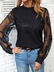 SHEIN EZwear Contrast Mesh Lantern Sleeve Mock Neck Blouse - Black - View 3