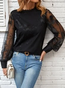 SHEIN EZwear Contrast Mesh Lantern Sleeve Mock Neck Blouse - Black - View 6