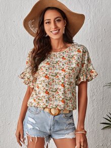 SHEIN VCAY 滿版印花荷葉袖襯衫 - 彩色 - 查看 1