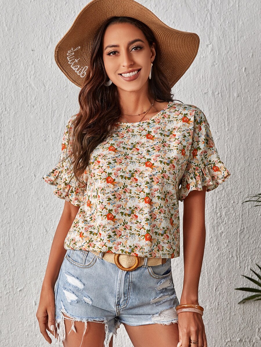 SHEIN VCAY 滿版印花荷葉袖襯衫 - 彩色 - 查看 1