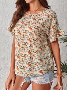 SHEIN VCAY 滿版印花荷葉袖襯衫 - 彩色 - 查看 3