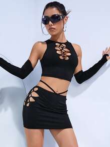 SHEIN ICON 鏤空短款背心和包臀半身裙和袖套 - 黑色 - 查看 4