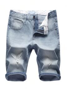 男士破洞百慕大牛仔短裤 - 淺色水洗藍 - 查看 1