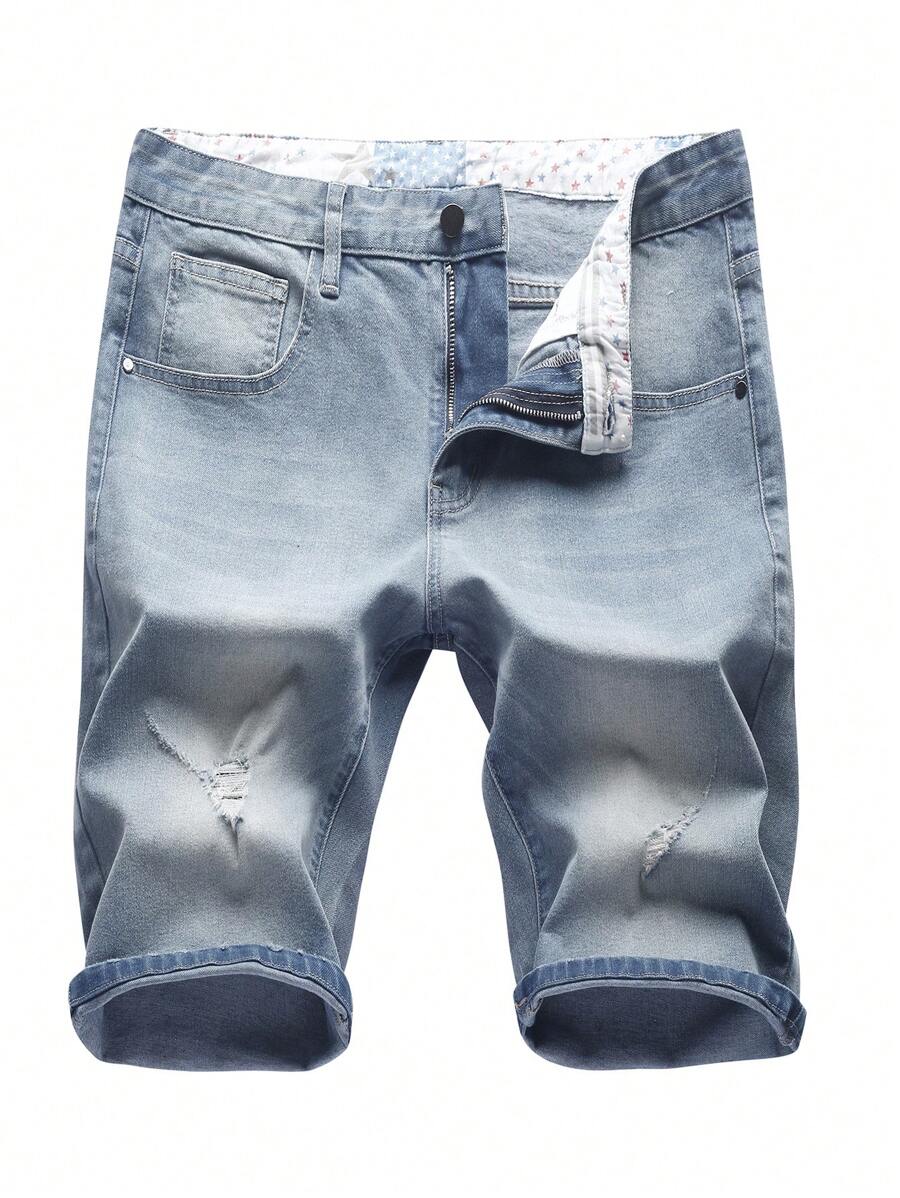 男士破洞百慕大牛仔短裤 - 淺色水洗藍 - 查看 1