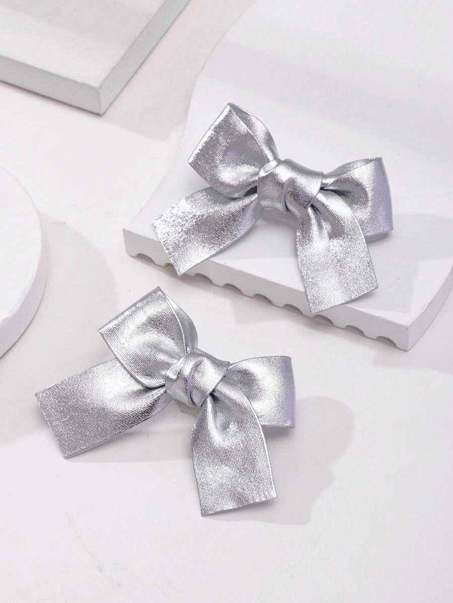 1pair Girls' Sparkling Bow Hair Clips, Solid Color Fabric Bowknot Hairpins Suitable For Daily Life Or Parties - Silver - View 1