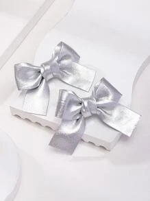 1pair Girls' Sparkling Bow Hair Clips, Solid Color Fabric Bowknot Hairpins Suitable For Daily Life Or Parties - Silver - View 2