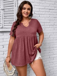 SHEIN LUNE Camiseta de cuello de muesca peplum - Rojo - Ver 1