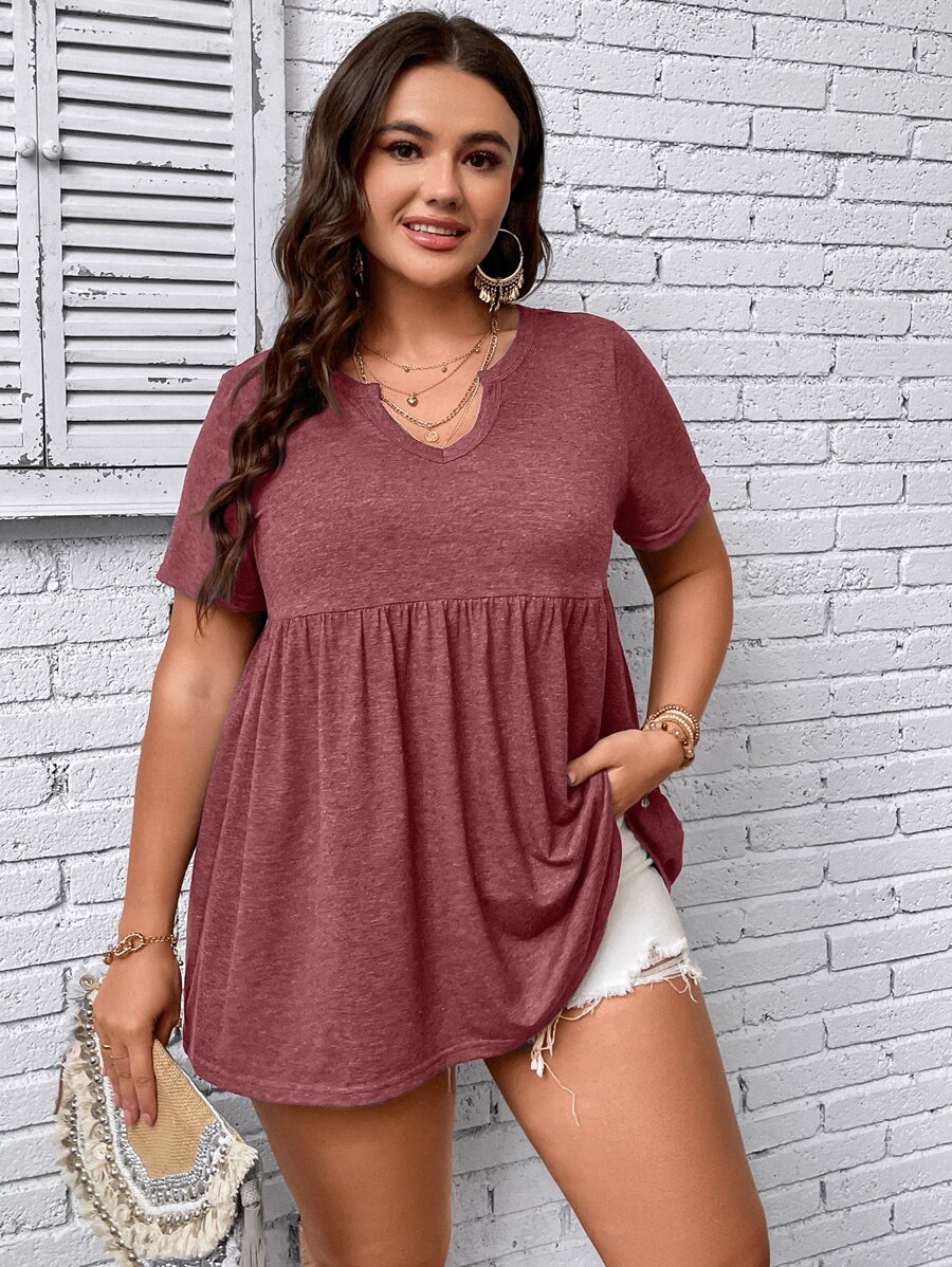 SHEIN LUNE Camiseta de cuello de muesca peplum - Rojo - Ver 1