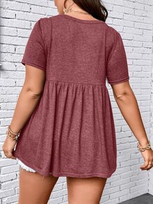 SHEIN LUNE Camiseta de cuello de muesca peplum - Rojo - Ver 2